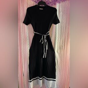 Chic Black and White Midi Dress with Tie Belt